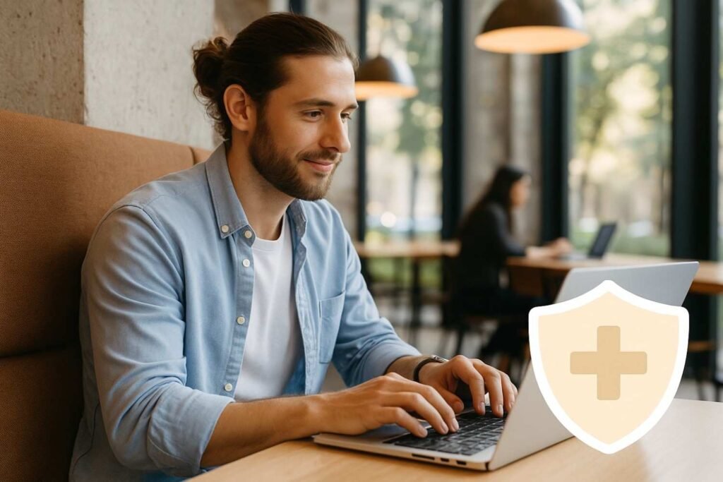 Freelancer with laptop abroad protected by travel insurance