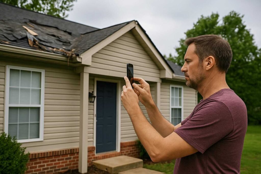 Homeowner documenting storm damage for insurance claim