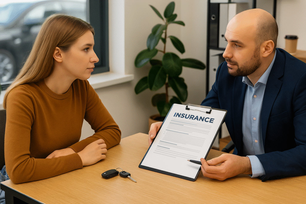 Policyholder discussing car insurance claim with adjuster and arranging rental