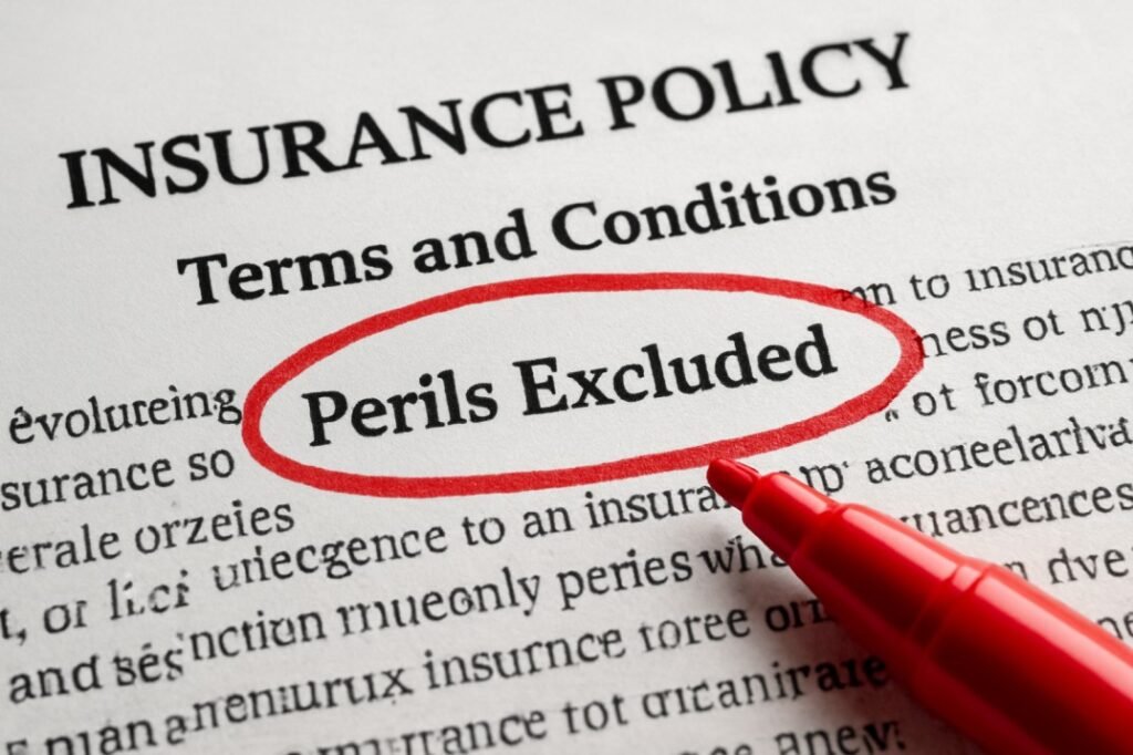 Close-up of fine print showing an insurance policy exclusion, detailing a peril that is not covered by the plan.