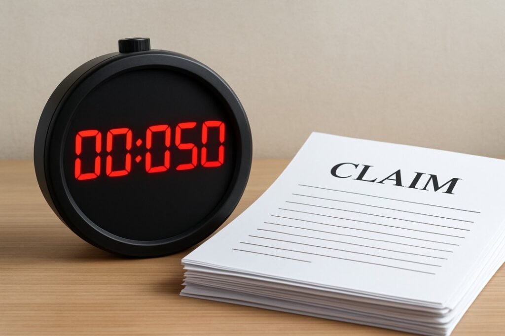 Stopwatch counting down next to a stack of paperwork, symbolizing the tight timely filing deadline for insurance claims.