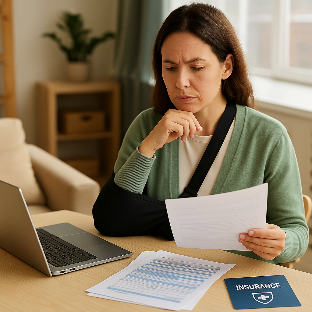 Patient reviewing documents for filing a health insurance claim after surgery