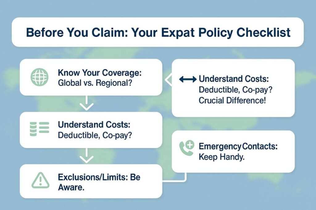 Infographic checklist for understanding your Medical Insurance Claim Process for Expats policy before needing care