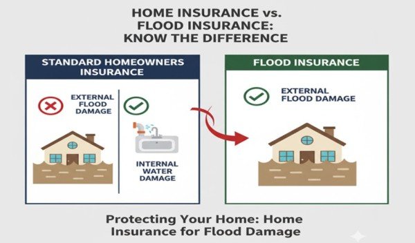 Infographic comparing standard homeowners insurance versus Home Insurance for Flood Damage.
