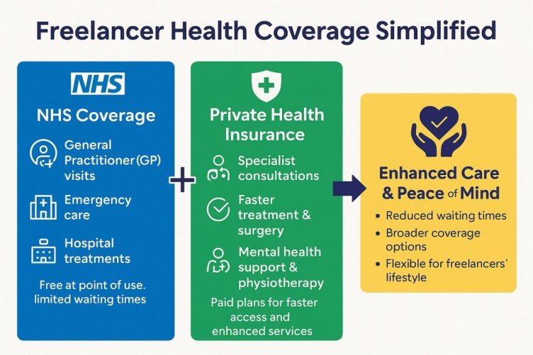 : Infographic explaining how NHS and private Health Insurance for Freelancers complement each other in the UK.
