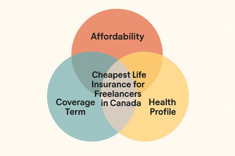 Infographic explaining factors for finding affordable life insurance Canada, including health, term, and budget.