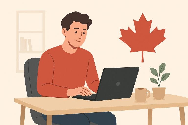 Canadian freelancer working on laptop, considering the Cheapest Life Insurance for Freelancers in Canada for financial security.