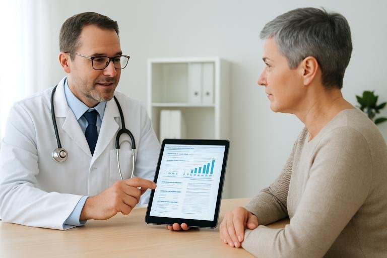 Doctor explaining Health Insurance Coverage for Chronic Illness options to a patient, emphasizing personalized care.