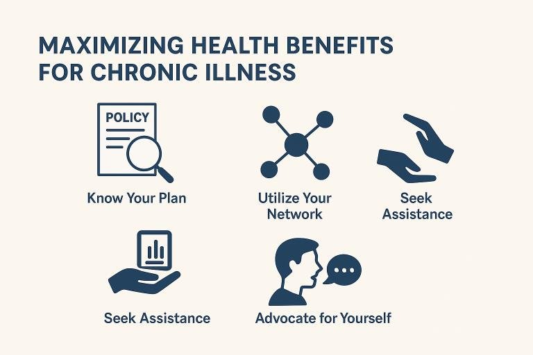  Infographic showing strategies for Managing chronic illness costs and maximizing health benefits.
