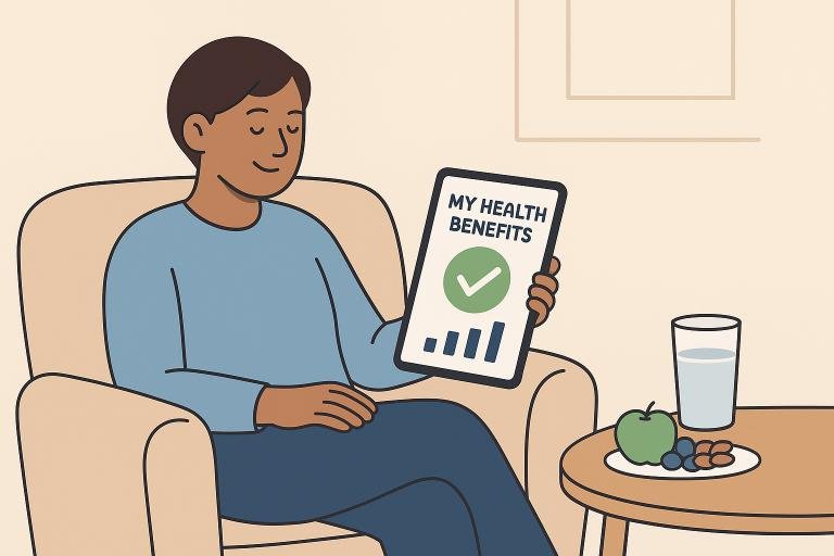 Patient confidently Navigating healthcare system with their tablet, empowered by understanding their Health Insurance Coverage for Chronic Illness.
