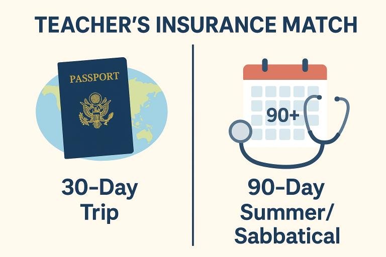 Infographic comparing single-trip vs. Sabbatical travel insurance options for educators.