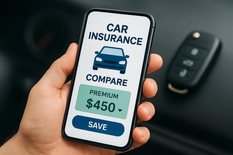Driver using a smartphone to find out how to get cheaper car insurance with various car insurance discounts.