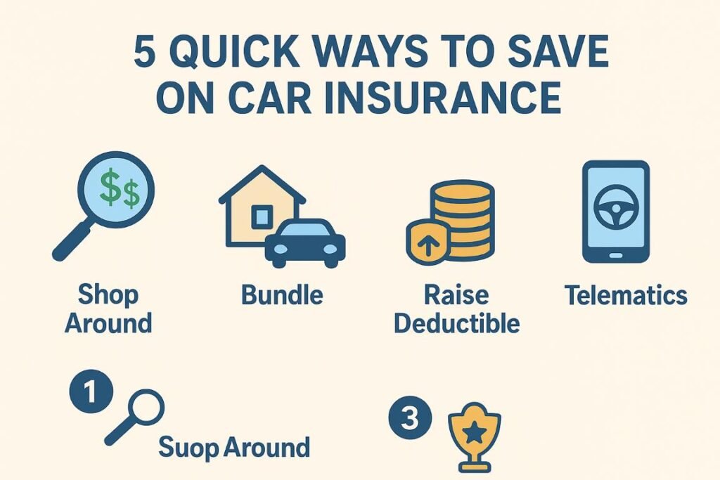 Infographic showing affordable car insurance tips and quick strategies on how to get cheaper car insurance.