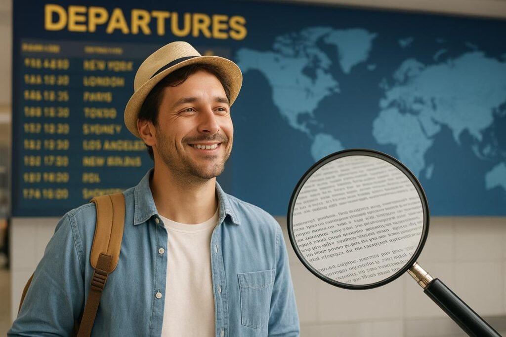 Traveler confidently reading a document, focusing on Understanding What Travel Insurance Covers before a trip.