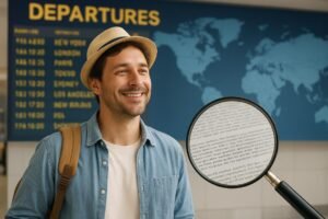 Traveler confidently reading a document, focusing on Understanding What Travel Insurance Covers before a trip.