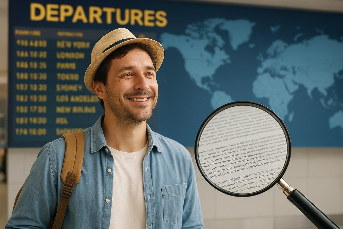Traveler confidently reading a document, focusing on Understanding What Travel Insurance Covers before a trip.