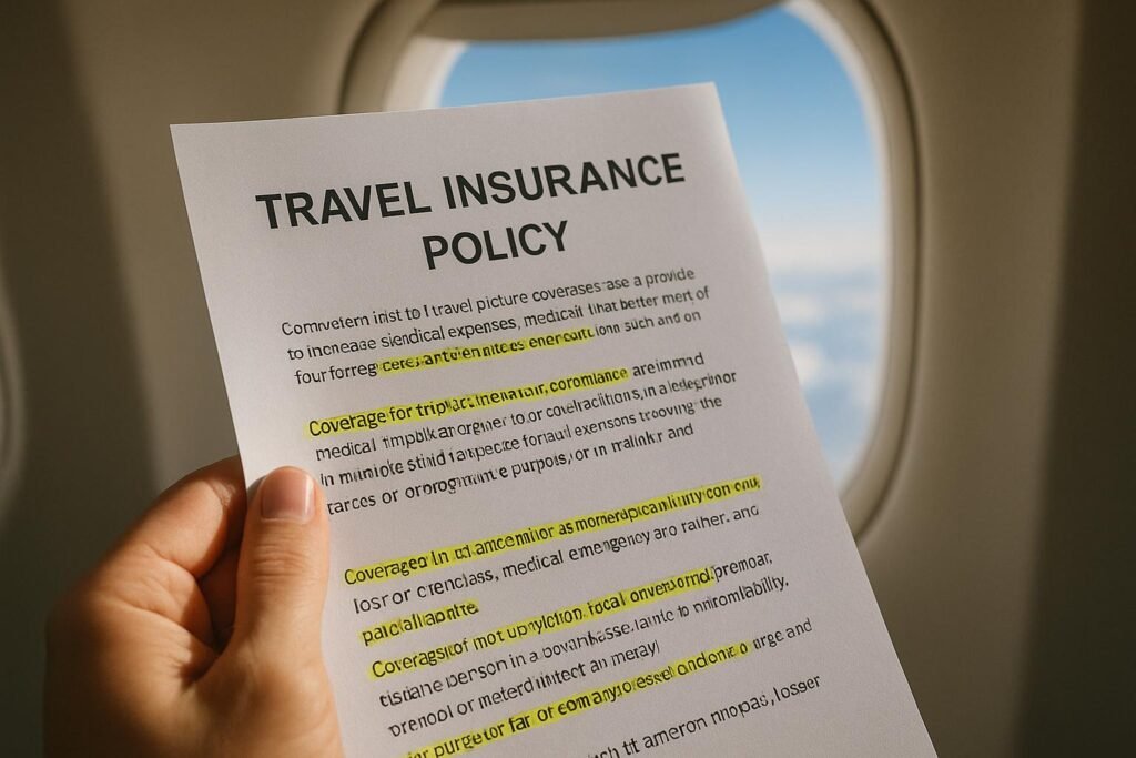 Traveler highlights key terms to achieve a full Understanding What Travel Insurance Covers before their flight.