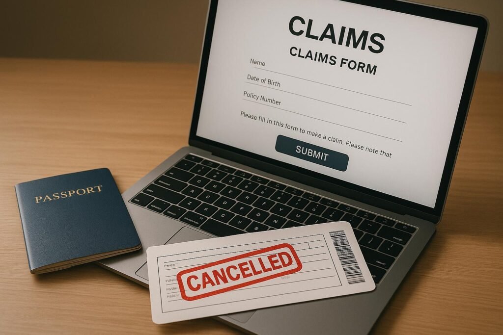 Traveler Filing a Claim for Trip Cancellation online after cancelling travel plans due to a covered reason.
