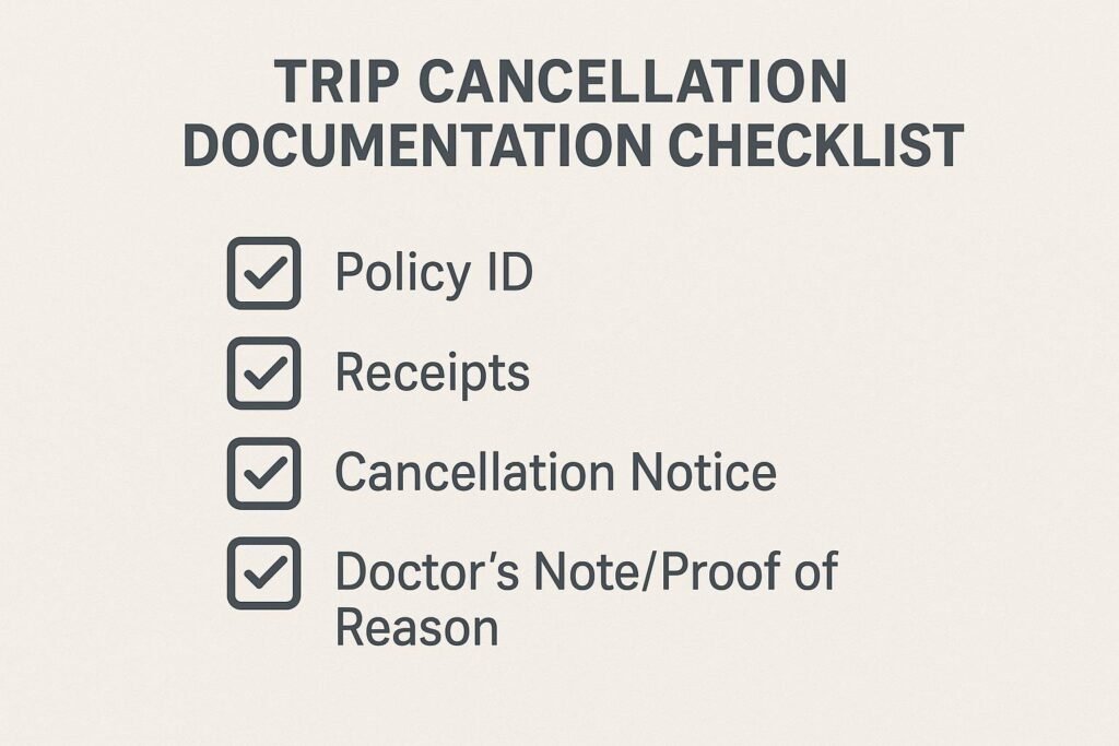 Documenting trip cancellation for insurance with a visual checklist to ensure all required paperwork is submitted.