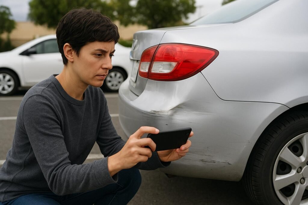 Driver taking photos of minor car damage in a parking lot to file a Car Insurance Claim Without a Police Report. create horizontal images