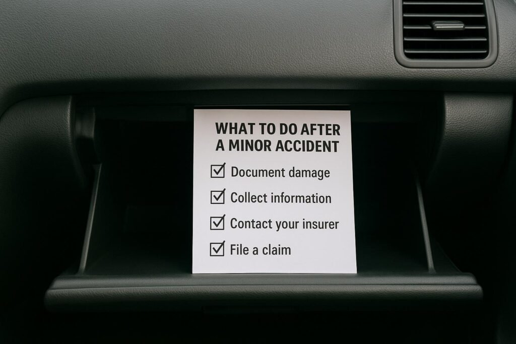 Organized glove compartment with a checklist for Documenting a car accident without a police report.