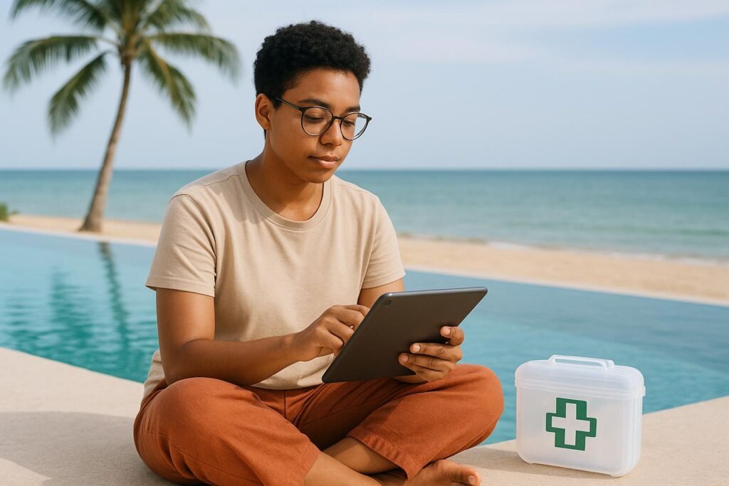 Prepared digital nomad working confidently by a beach with health protection in mind, having chosen Affordable Health Insurance Plans for Digital Nomads.