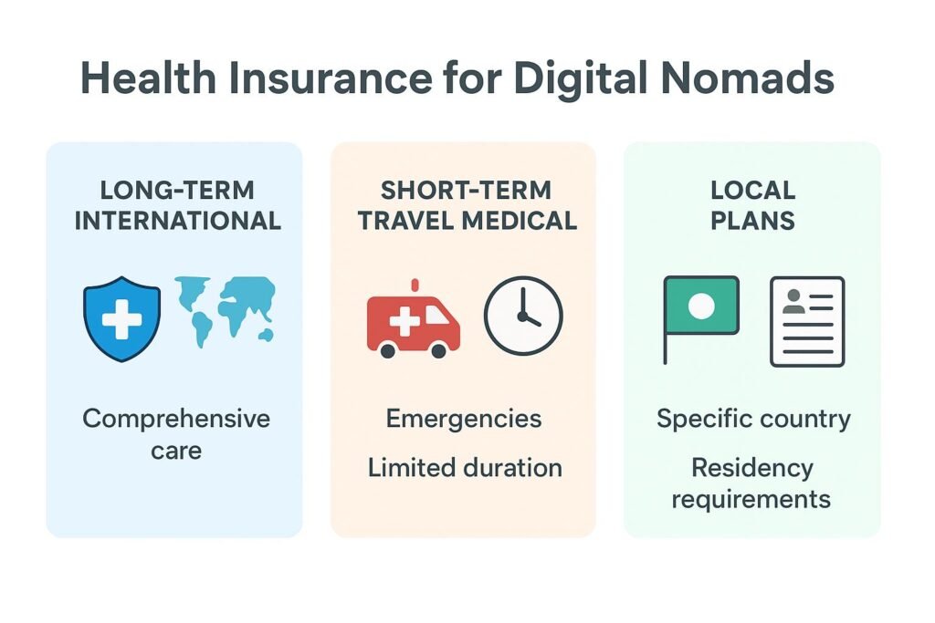  Infographic comparing long-term international, short-term travel medical, and local plans for Nomad health plans.