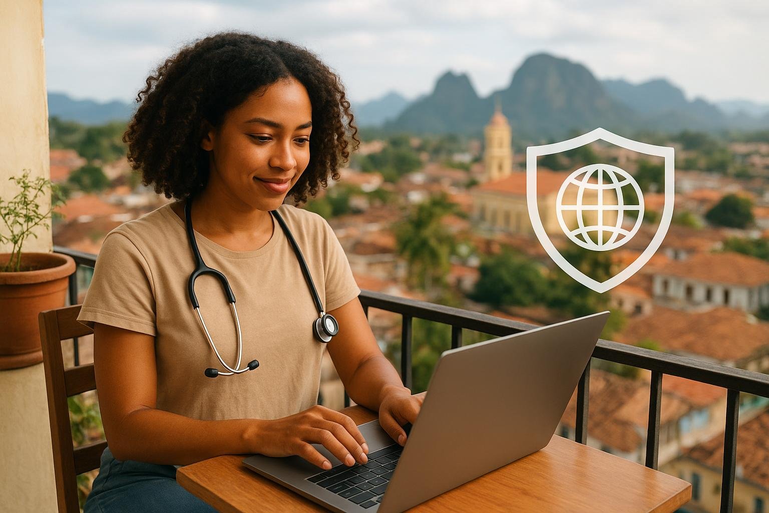 Featured Image/Hero Suggestion: A young, diverse digital nomad (wearing a stethoscope casually around their neck, symbolizing health awareness) working on a laptop on a balcony overlooking a scenic foreign city (e.g., in Southeast Asia or Latin America). A small, subtle shield icon with a globe inside is subtly overlaid, representing global protection.