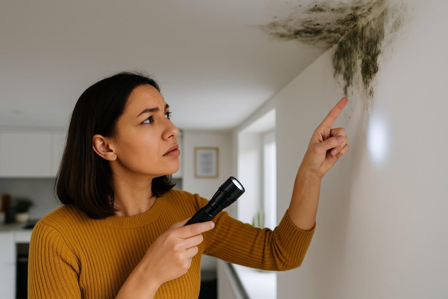 Concerned homeowner identifying mold, asking "Does Home Insurance Cover Mold Removal?