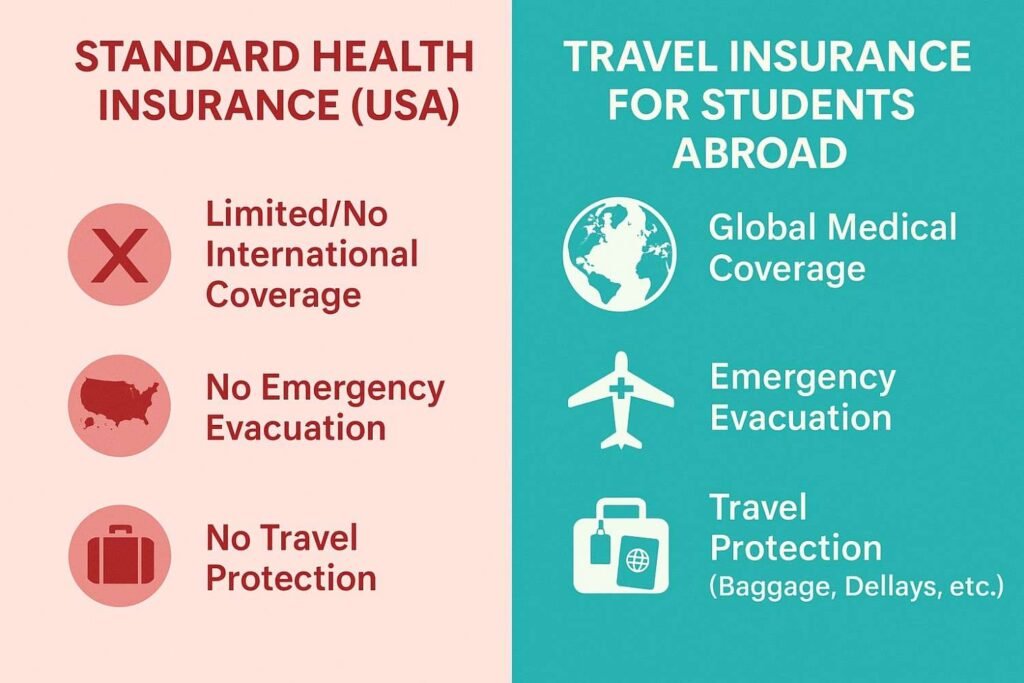 Infographic comparing standard health insurance to comprehensive Travel Insurance for Students Studying Abroad