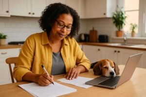 Teacher working from home next to their pet, seeking the Best Pet Insurance for Teachers to protect their family