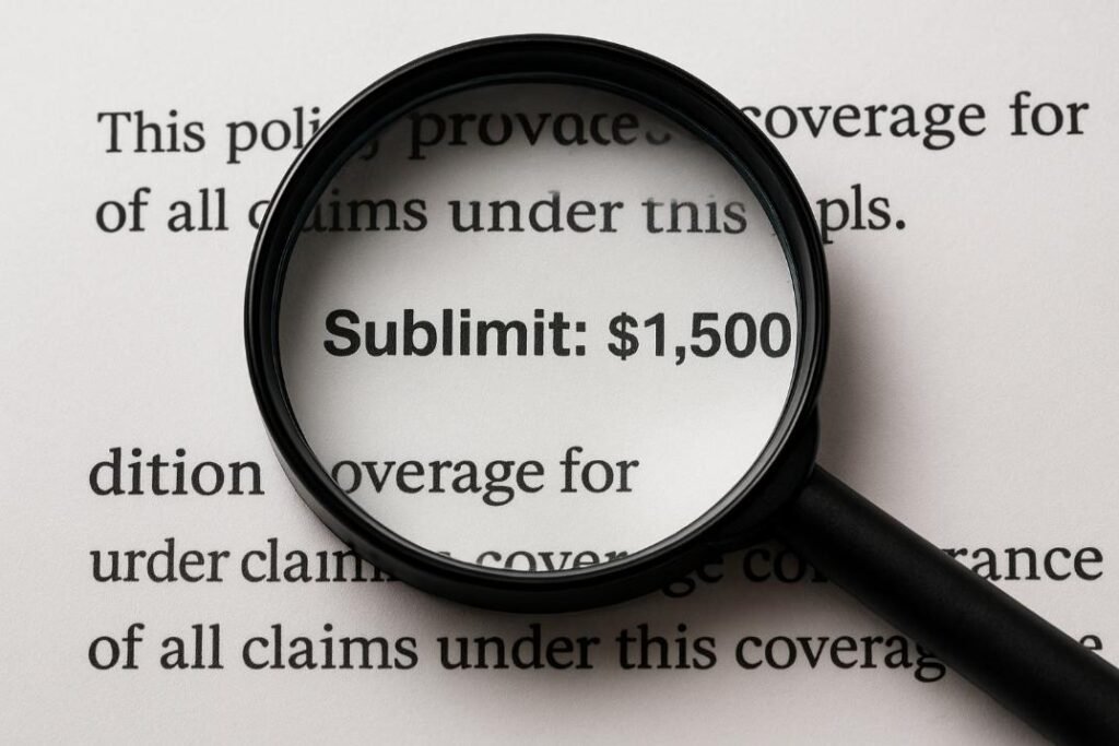 Close-up of an insurance document highlighting the Home Insurance Sublimits Explained for items like jewelry and fine art.