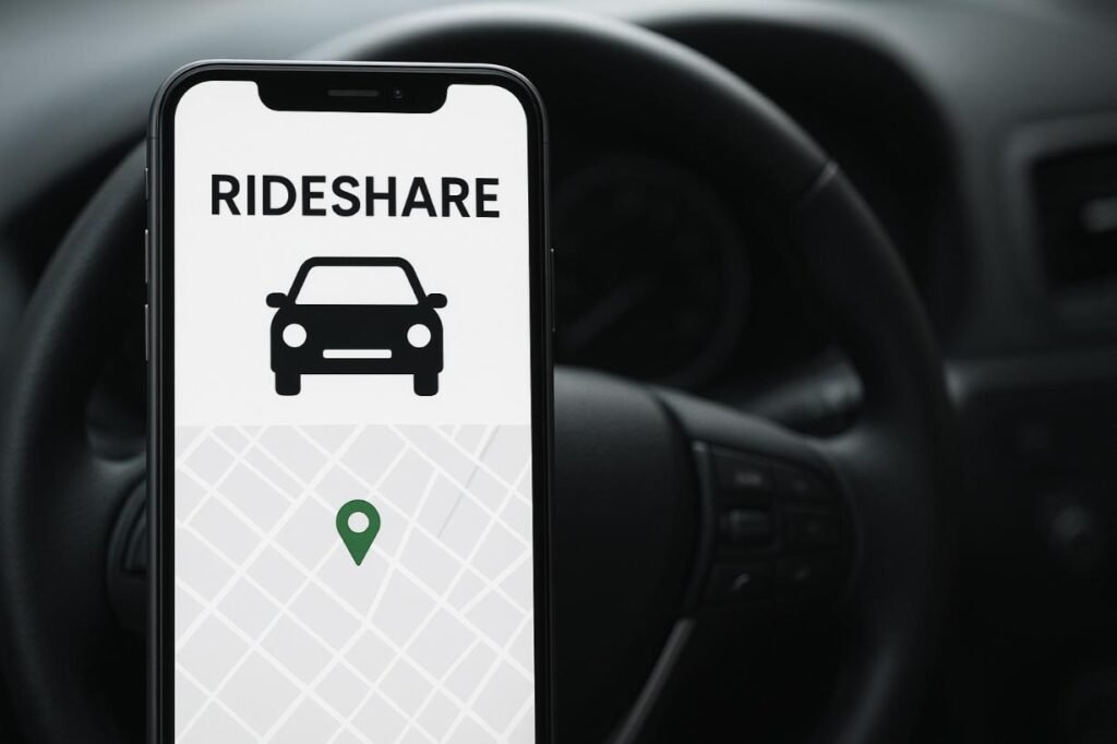 Rideshare driver's smartphone with app, representing Car Insurance for Uber & Lyft in the USA and gig economy work.