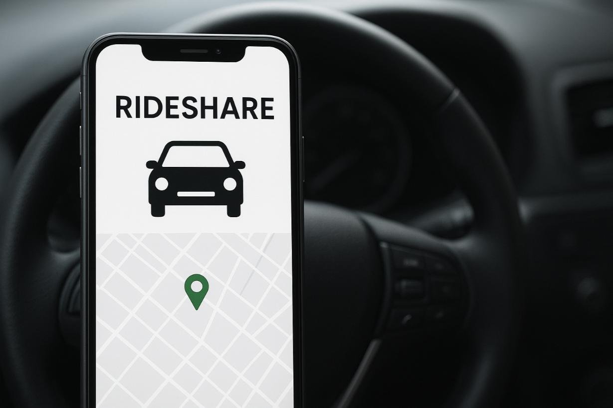 Rideshare driver's smartphone with app, representing Car Insurance for Uber & Lyft in the USA and gig economy work.