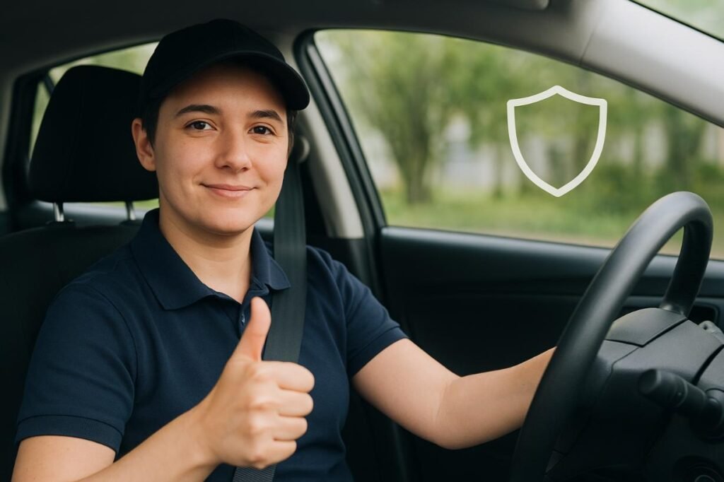 Confident rideshare driver with a thumbs-up, having secured the best rideshare insurance for Car Insurance for Uber & Lyft in the USA.