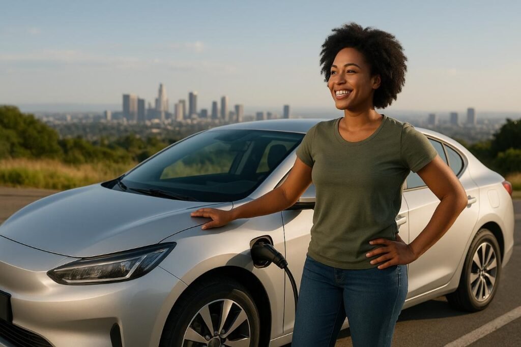 Confident EV owner ready for the road, understanding Car Insurance for Electric Vehicles (EVs) in the USA.