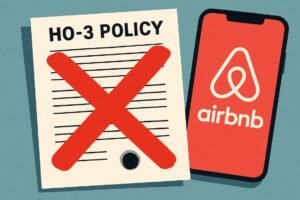Graphic showing why standard homeowners insurance does not cover Airbnb Insurance US due to the commercial activity exclusion.