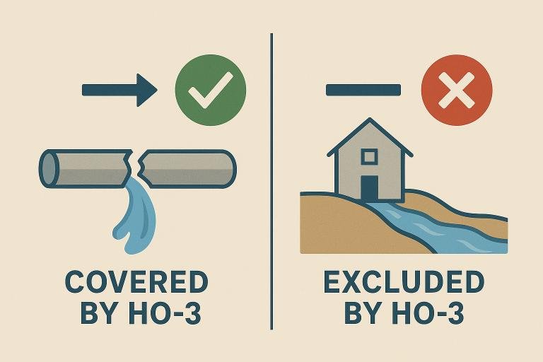 Diagram explaining why internal pipe burst is covered by homeowners insurance, but external flood damage is not covered by standard US policies.