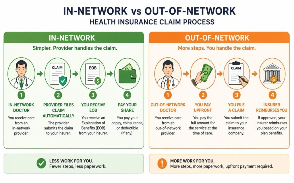 ): In-network vs out-of-network health insurance claim process diagram