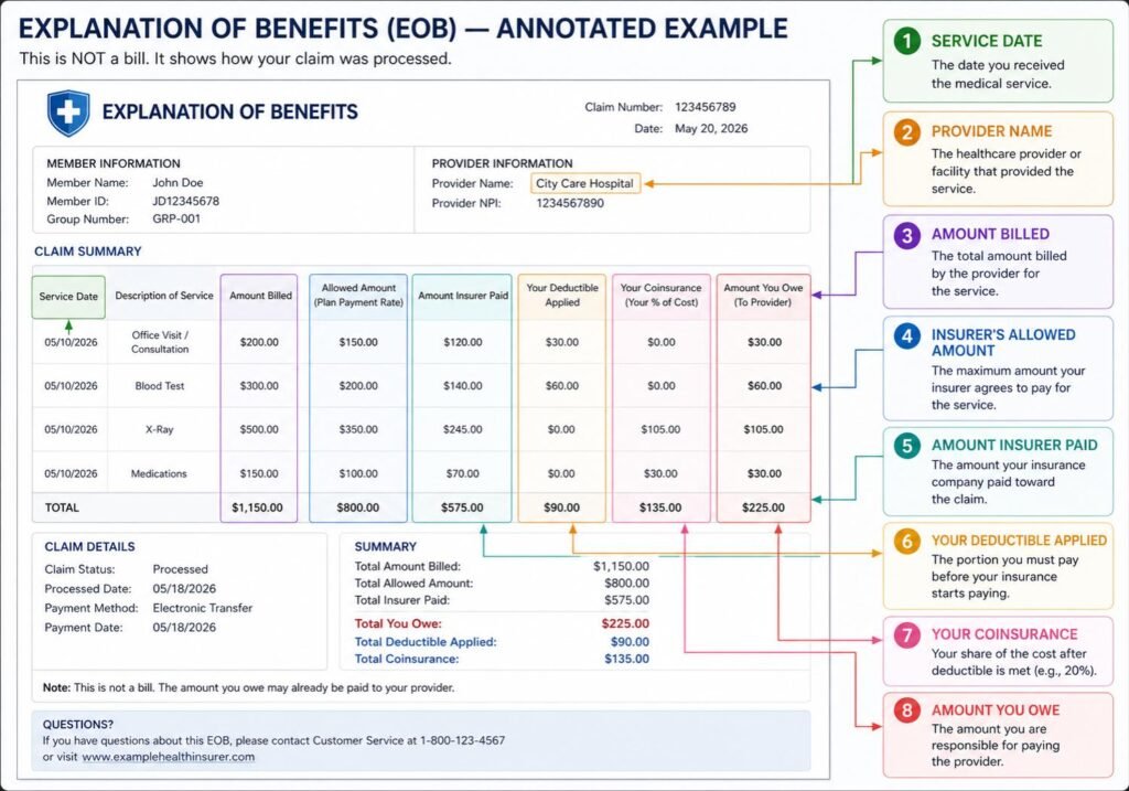 How to read explanation of benefits EOB health insurance annotated example