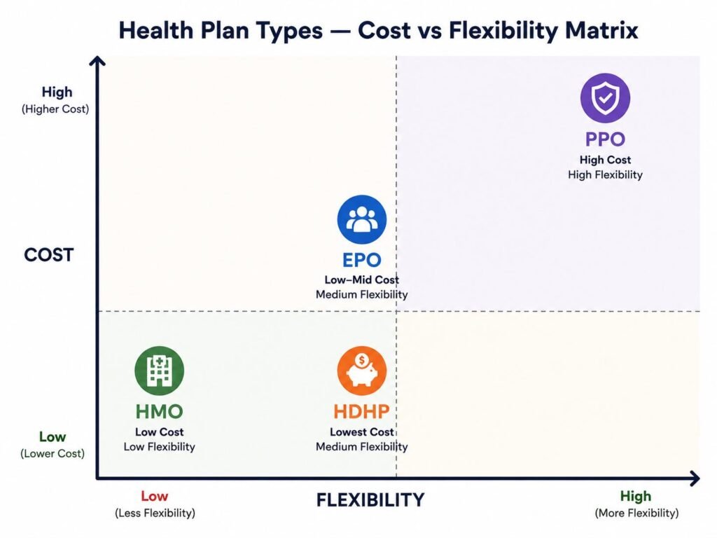 health insurance plan types cost vs flexibility comparison HMO PPO EPO HDHP