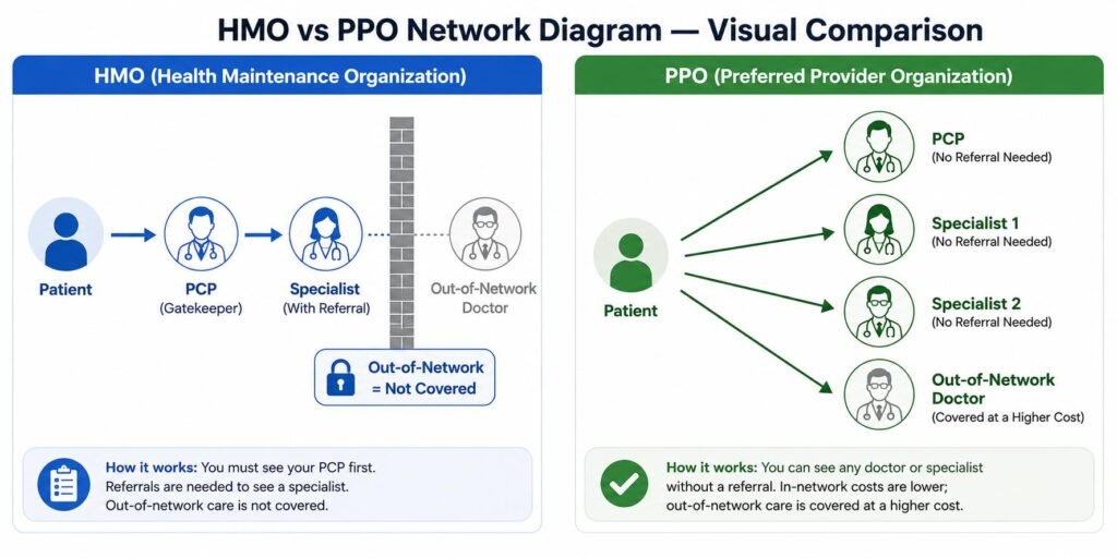 HMO vs PPO network access diagram how referrals work health insurance